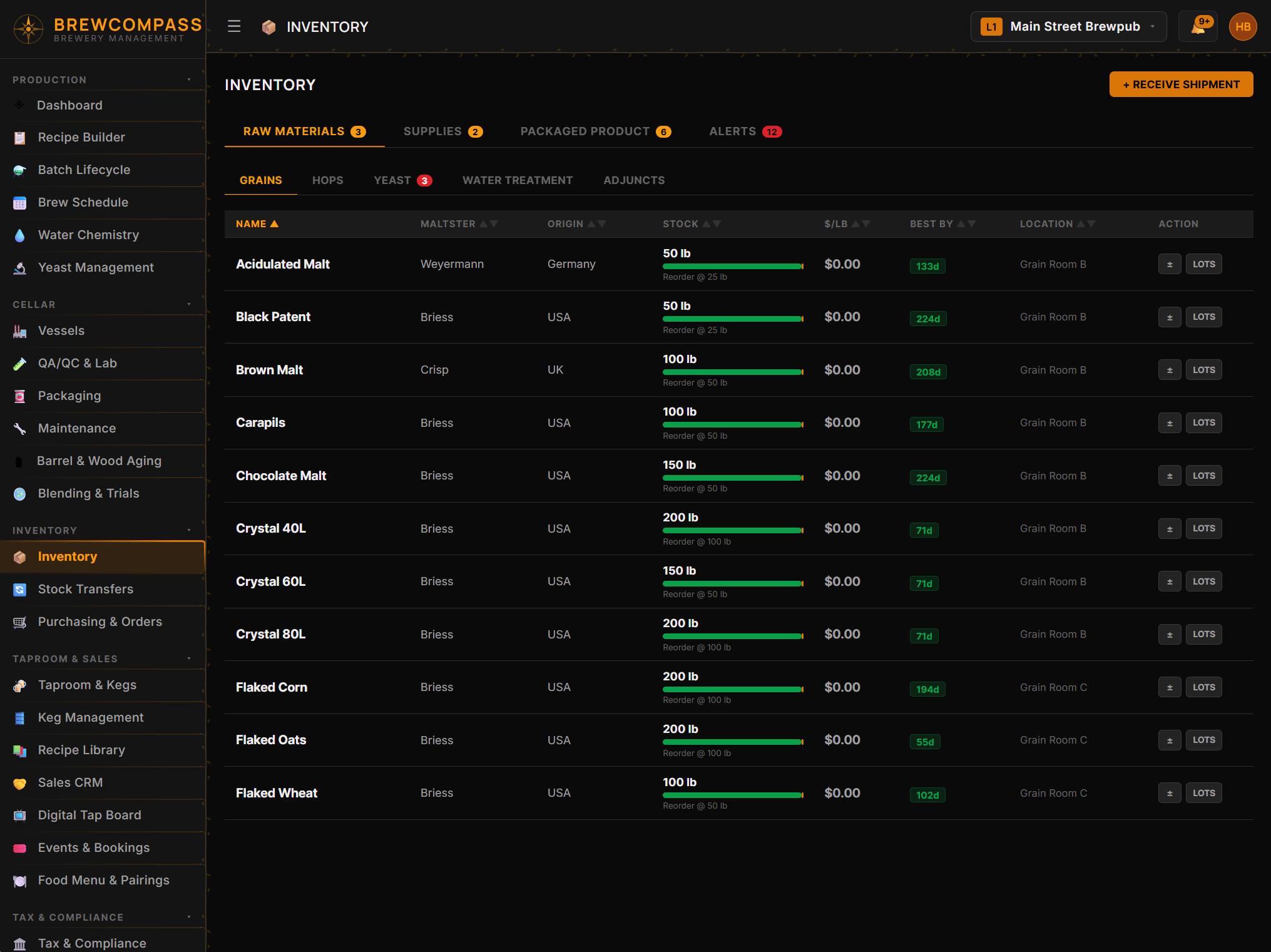 BrewCompass Inventory showing grain stock levels and reorder points