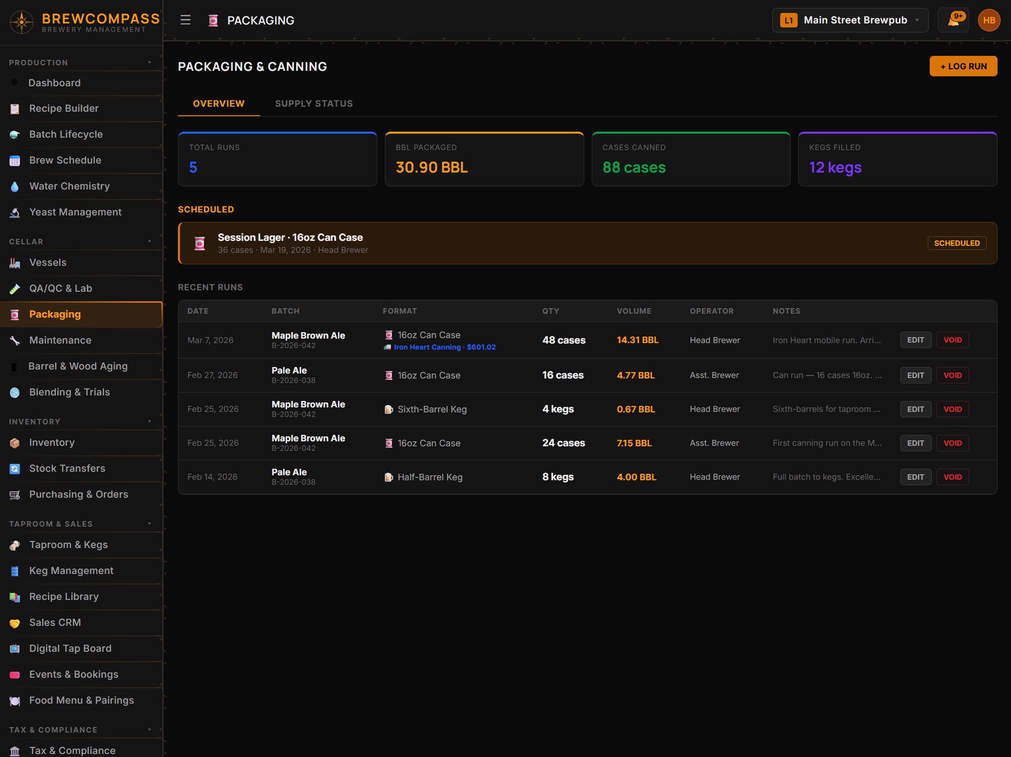 BrewCompass Packaging module with recent runs and volume tracking