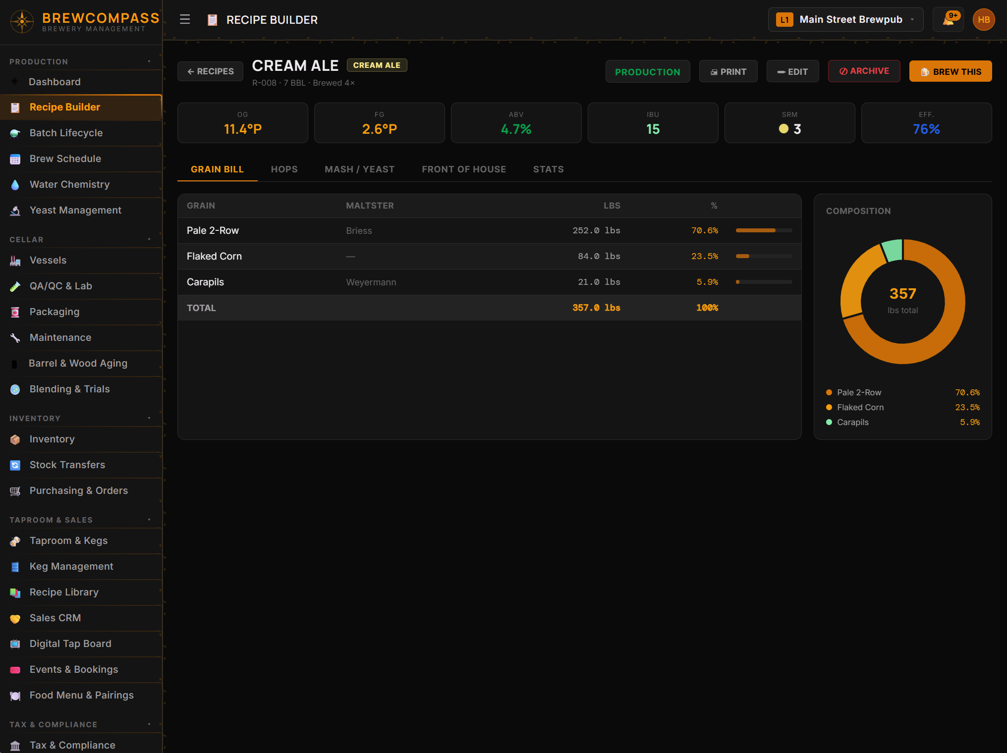 BrewCompass Recipe Builder with grain bill, calculated stats, and composition chart