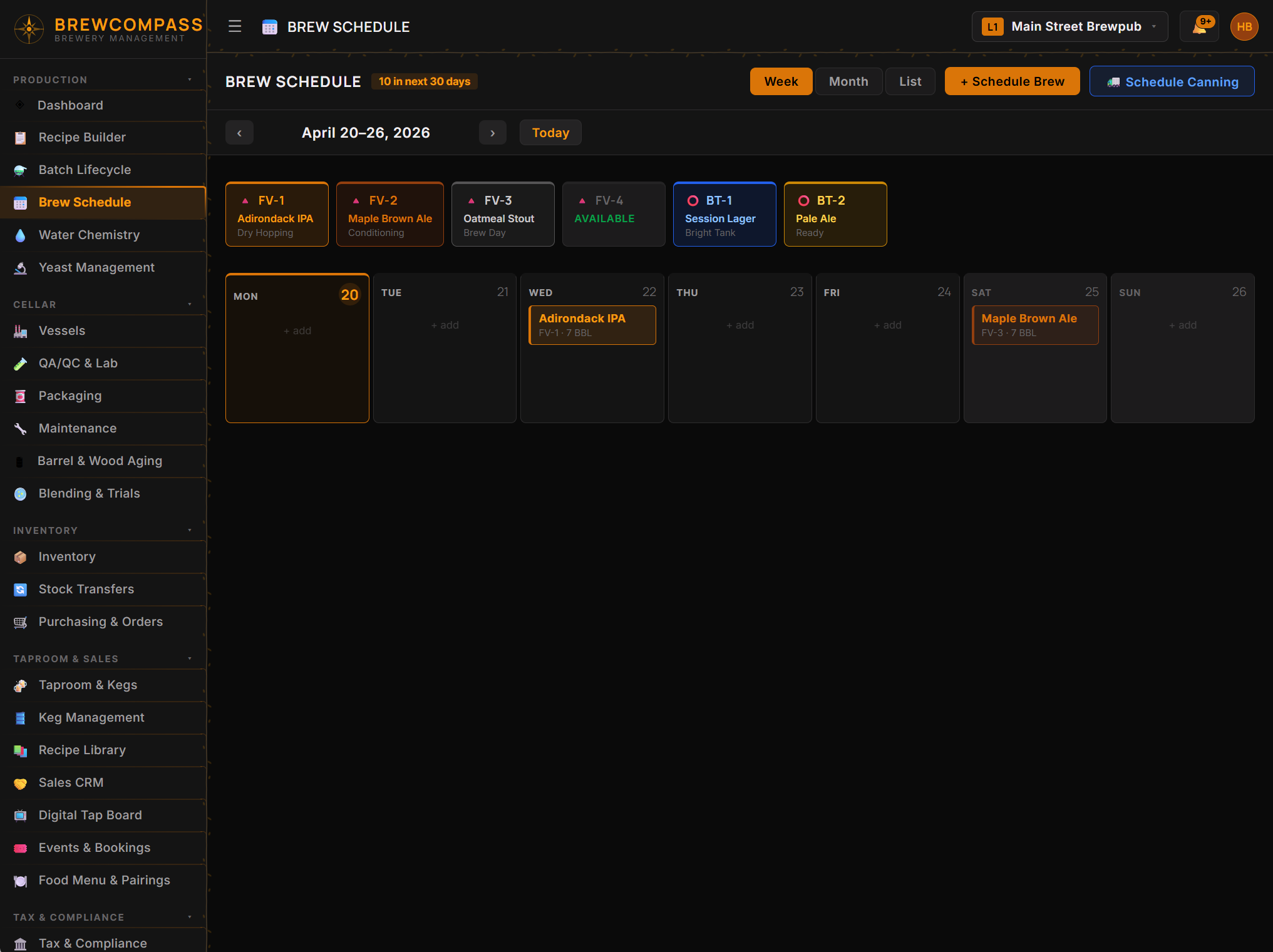BrewCompass Brew Schedule with weekly calendar and vessel strip